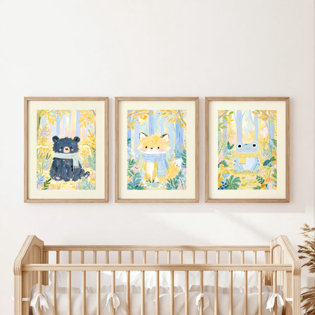 the baby bear in scarf, little fox in scarf and smiling frog in scarf prints, each in its own frame, hanging together on a wall