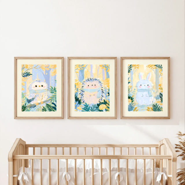the fluffy baby owl, little hedgehog in scarf and white bunny in scarf prints, each in its own frame, hanging together on a wall