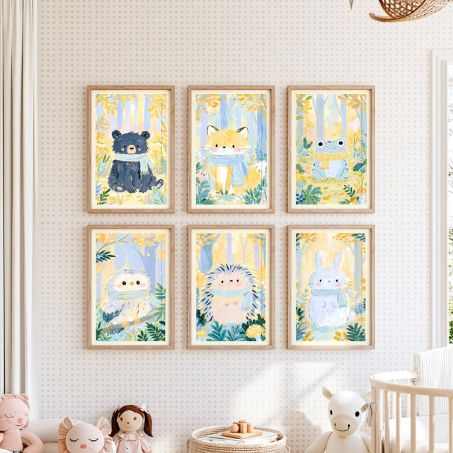the baby bear in scarf, little fox in scarf, smiling frog in scarf, fluffy baby owl, little hedgehog in scarf and white bunny in scarf prints, each in its own frame, hanging together on a wall