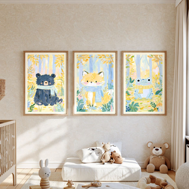 the baby bear in scarf, little fox in scarf and smiling frog in scarf prints, each in its own frame, hanging together on a wall