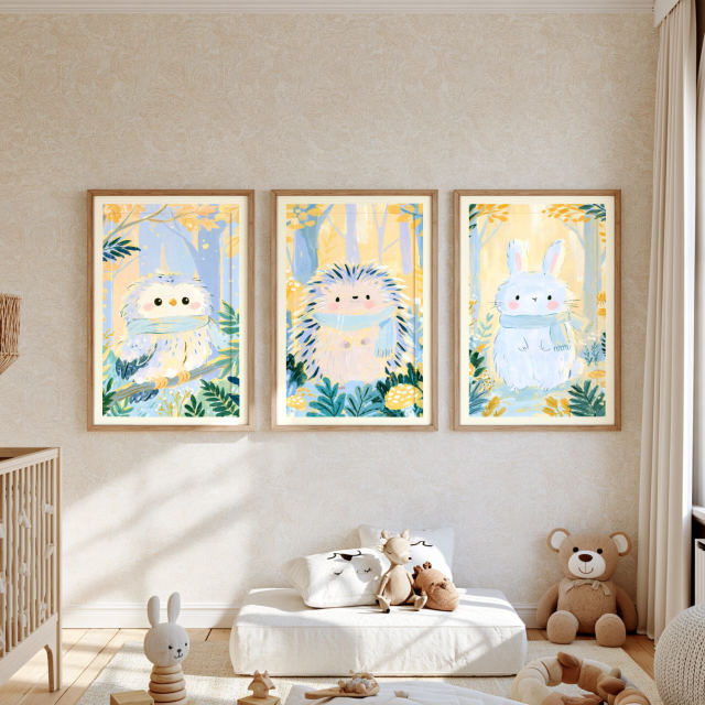 the fluffy baby owl, little hedgehog in scarf and white bunny in scarf prints, each in its own frame, hanging together on a wall