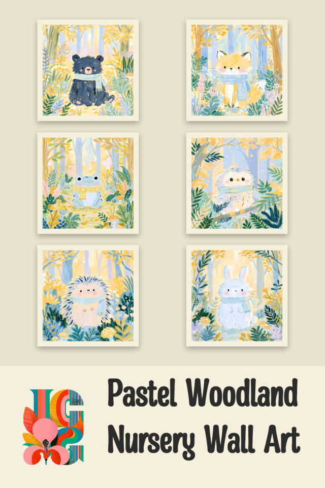 6 prints together on a cream border: a baby bear in scarf, a little fox in scarf, a smiling frog in scarf, a fluffy baby owl, a little hedgehog in scarf and a white bunny in scarf