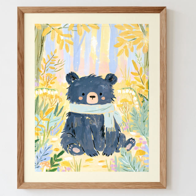 the baby bear in scarf print in a frame on a wall: A dark navy baby bear wearing a pale mint scarf sits on a sunlit forest path among yellow blooms, ferns and tiny mushrooms