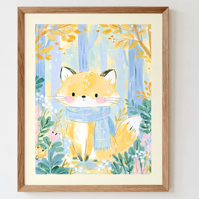 the little fox in scarf print in a frame on a wall: A golden yellow fox cub with pink cheeks and a soft blue scarf sits among green leaves, pink flowers and pale blue trees