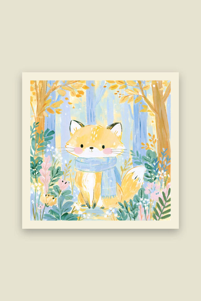 A golden yellow fox cub with pink cheeks and a soft blue scarf sits among green leaves, pink flowers and pale blue trees, on a cream border