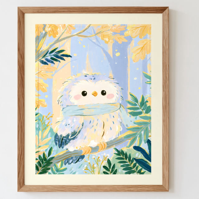 the fluffy baby owl print in a frame on a wall: A fluffy cream and lavender owlet with rosy cheeks and a mint scarf perches on a branch among yellow leaves and blue trees