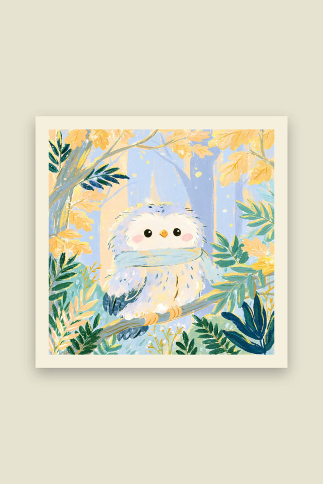 A fluffy cream and lavender owlet with rosy cheeks and a mint scarf perches on a branch among yellow leaves and blue trees, on a cream border