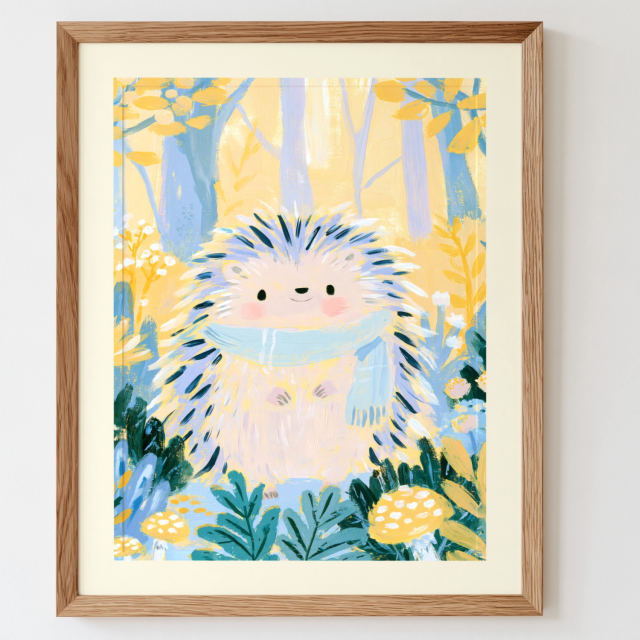 the little hedgehog in scarf print in a frame on a wall: A pale hedgehog with navy tipped spines and a soft blue scarf smiles among yellow blossoms and deep green leaves in a glowing wood