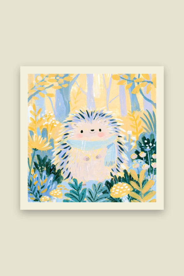 A pale hedgehog with navy tipped spines and a soft blue scarf smiles among yellow blossoms and deep green leaves in a glowing wood, on a cream border