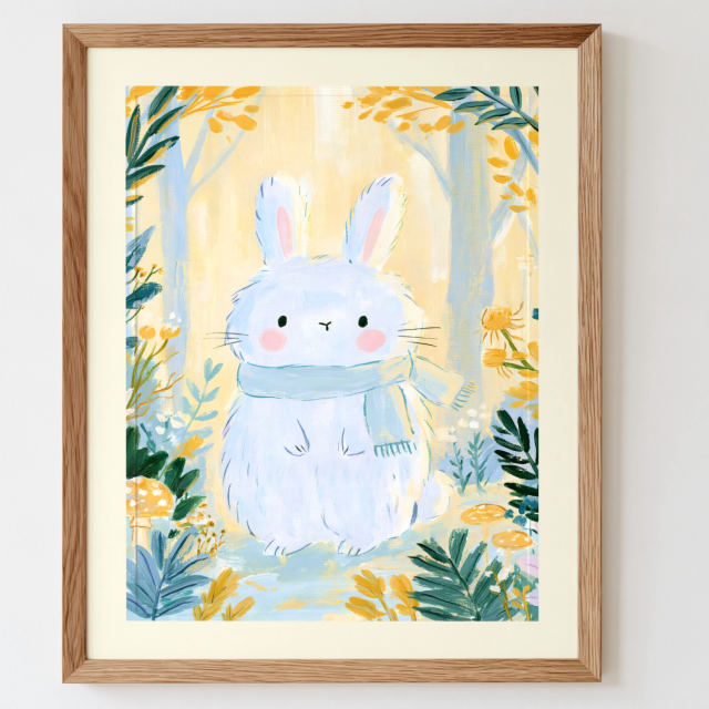 the white bunny in scarf print in a frame on a wall: A round white bunny with pink cheeks and a pale blue scarf sits among yellow wildflowers, ferns and small mushrooms in a sunny forest
