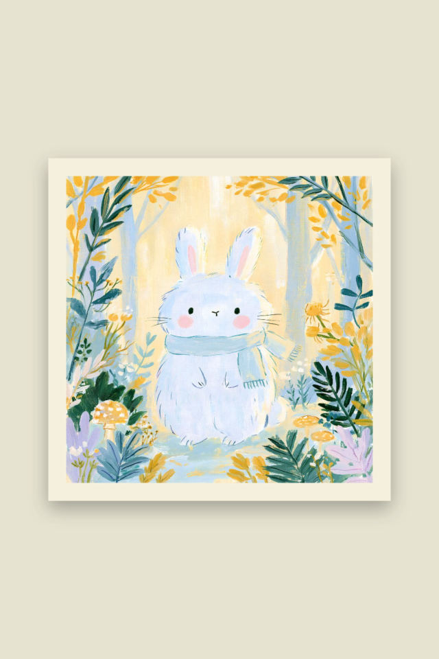 A round white bunny with pink cheeks and a pale blue scarf sits among yellow wildflowers, ferns and small mushrooms in a sunny forest, on a cream border