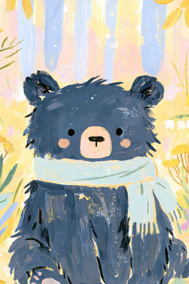 a close look at the baby bear in scarf print, its texture and its cream border