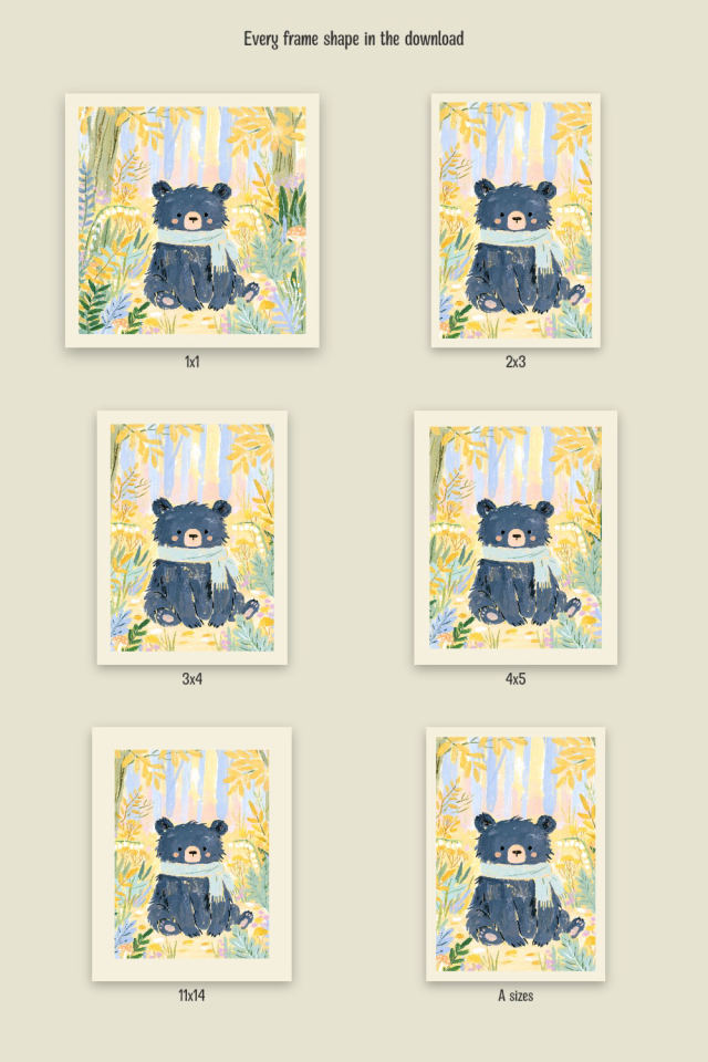 the baby bear in scarf print cut to every frame shape in the download, each inside the same cream border