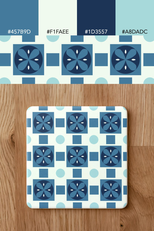 the colors one mediterranean tile is drawn in, with their hex codes, and the tile printed on a coaster