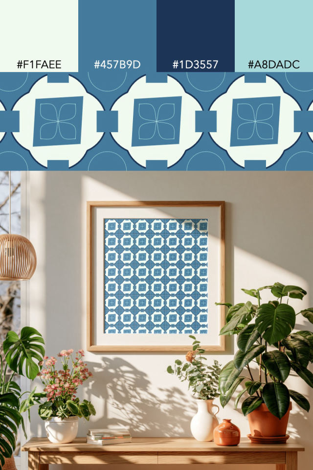 the colors one mediterranean tile is drawn in, with their hex codes, and the tile printed on a frame