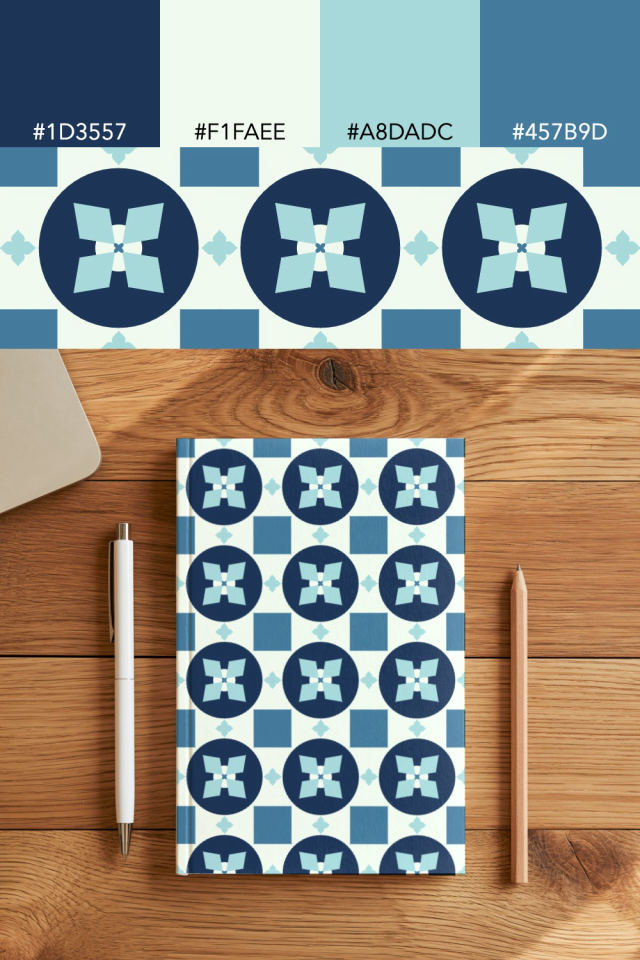 the colors one mediterranean tile is drawn in, with their hex codes, and the tile printed on a notebook