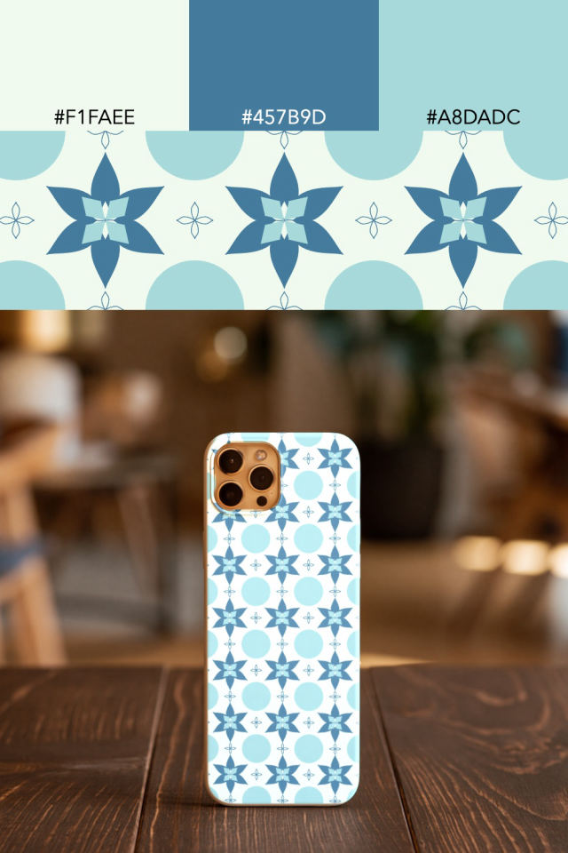 the colors one mediterranean tile is drawn in, with their hex codes, and the tile printed on a phone case