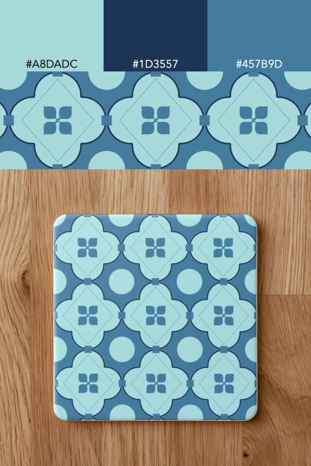 the colors one mediterranean tile is drawn in, with their hex codes, and the tile printed on a coaster