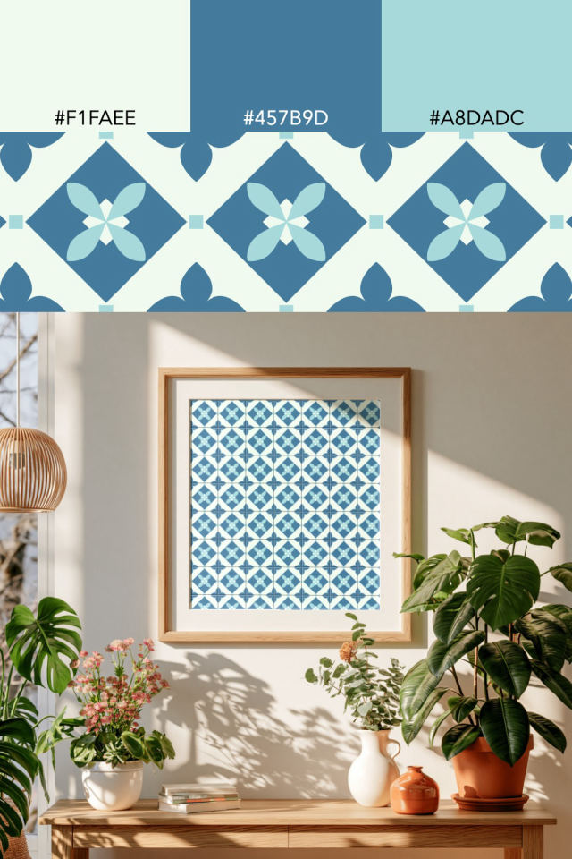 the colors one mediterranean tile is drawn in, with their hex codes, and the tile printed on a frame