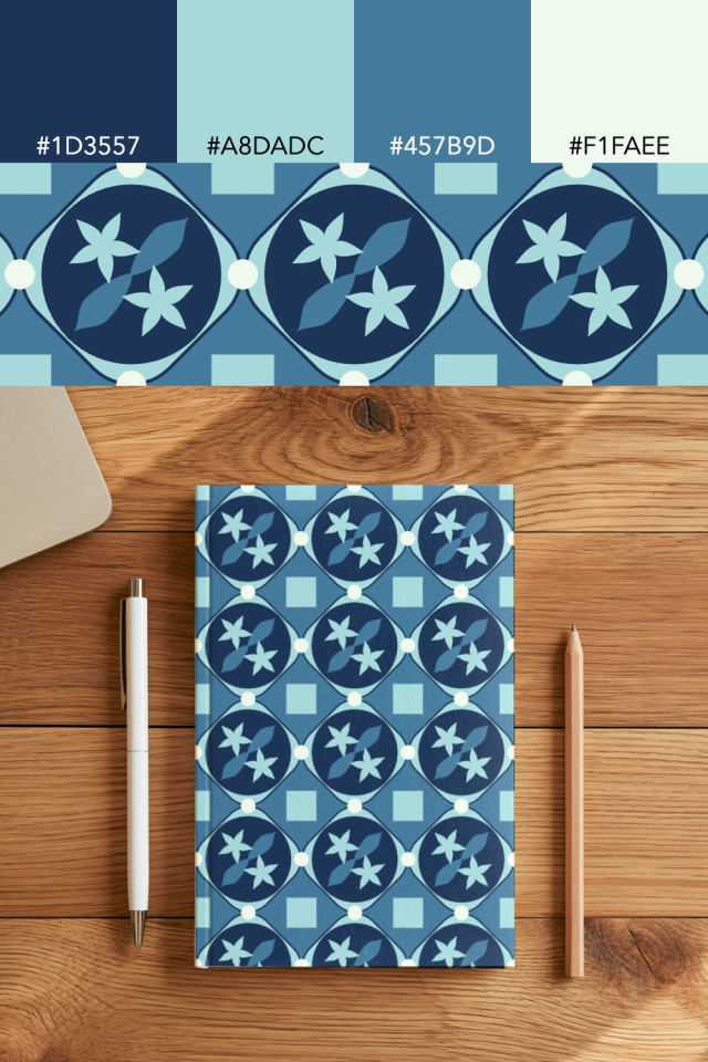 the colors one mediterranean tile is drawn in, with their hex codes, and the tile printed on a notebook
