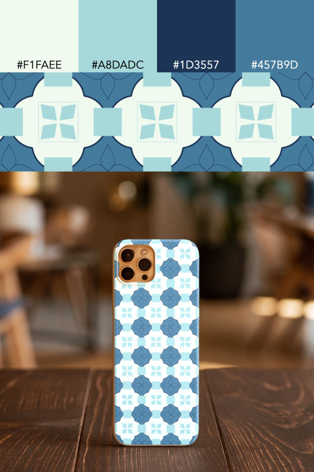 the colors one mediterranean tile is drawn in, with their hex codes, and the tile printed on a phone case