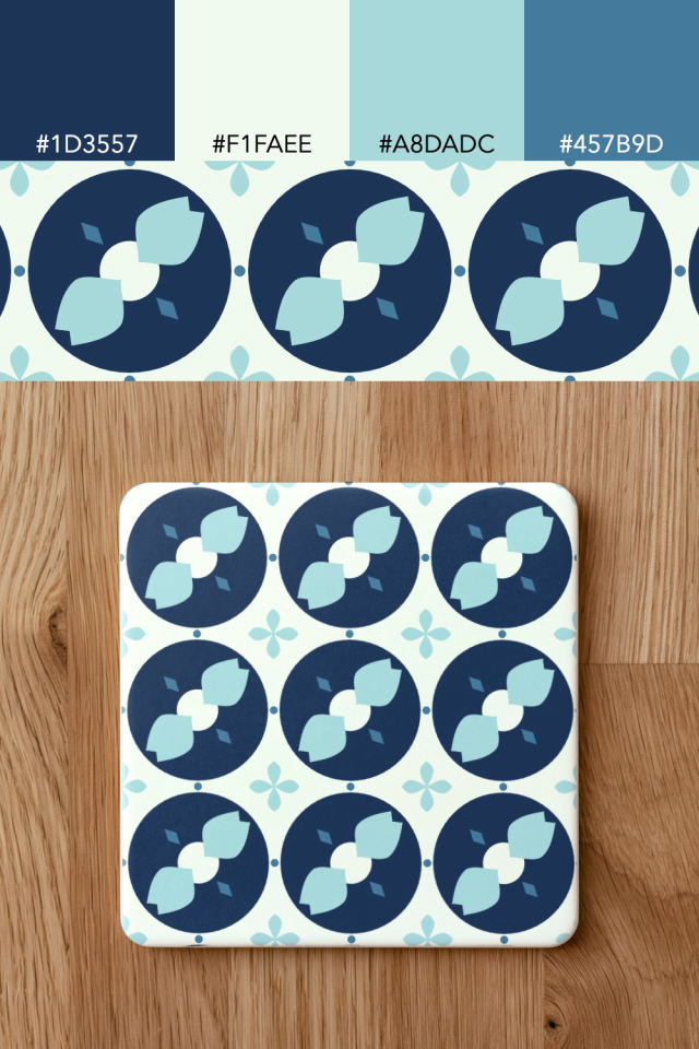 the colors one mediterranean tile is drawn in, with their hex codes, and the tile printed on a coaster