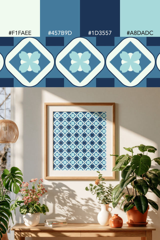 the colors one mediterranean tile is drawn in, with their hex codes, and the tile printed on a frame