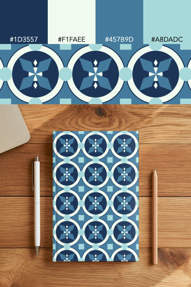 the colors one mediterranean tile is drawn in, with their hex codes, and the tile printed on a notebook