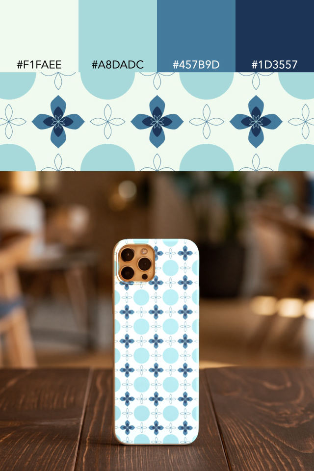 the colors one mediterranean tile is drawn in, with their hex codes, and the tile printed on a phone case