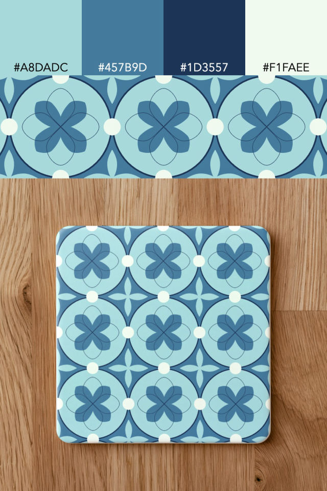 the colors one mediterranean tile is drawn in, with their hex codes, and the tile printed on a coaster