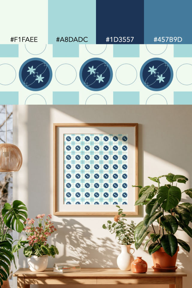 the colors one mediterranean tile is drawn in, with their hex codes, and the tile printed on a frame