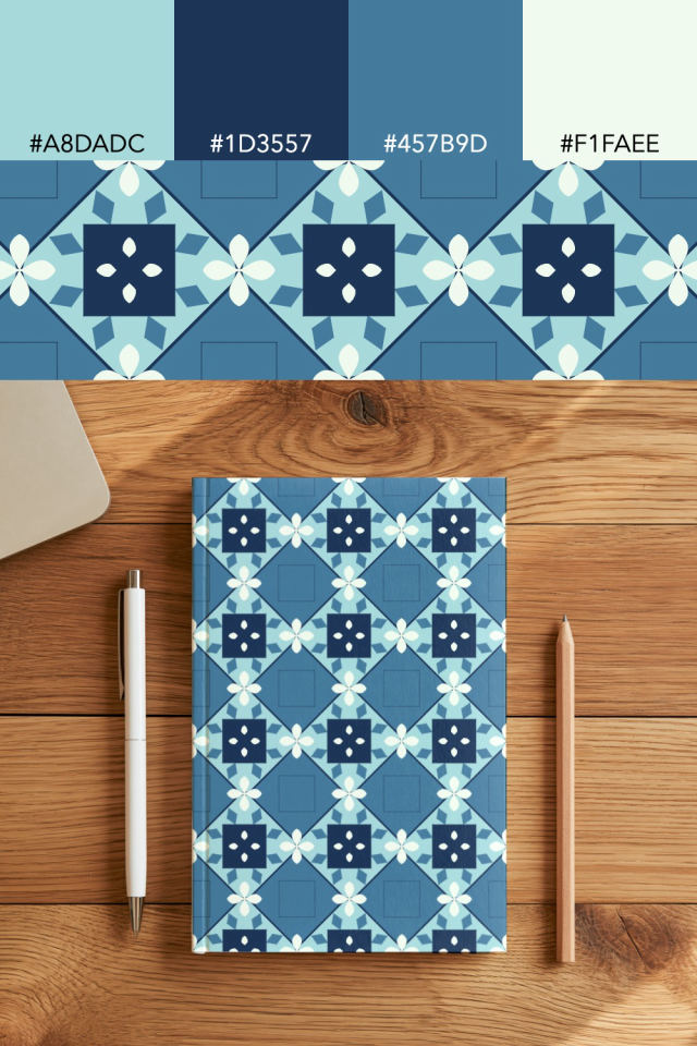 the colors one mediterranean tile is drawn in, with their hex codes, and the tile printed on a notebook