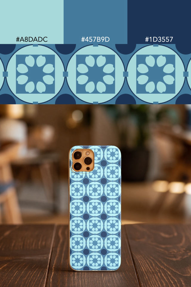 the colors one mediterranean tile is drawn in, with their hex codes, and the tile printed on a phone case