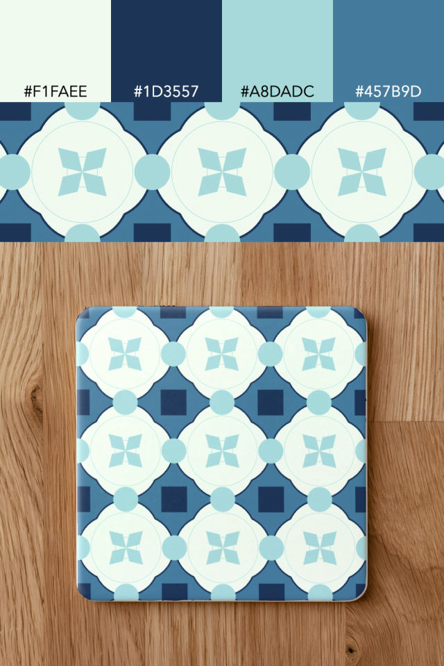 the colors one mediterranean tile is drawn in, with their hex codes, and the tile printed on a coaster