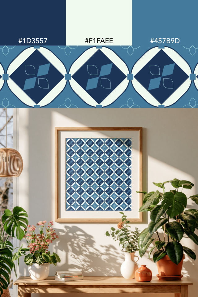 the colors one mediterranean tile is drawn in, with their hex codes, and the tile printed on a frame