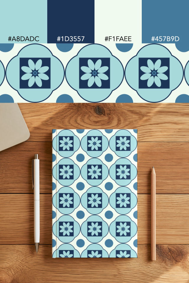 the colors one mediterranean tile is drawn in, with their hex codes, and the tile printed on a notebook