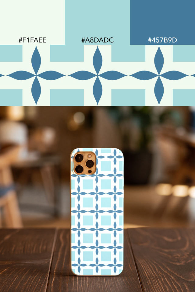 the colors one mediterranean tile is drawn in, with their hex codes, and the tile printed on a phone case