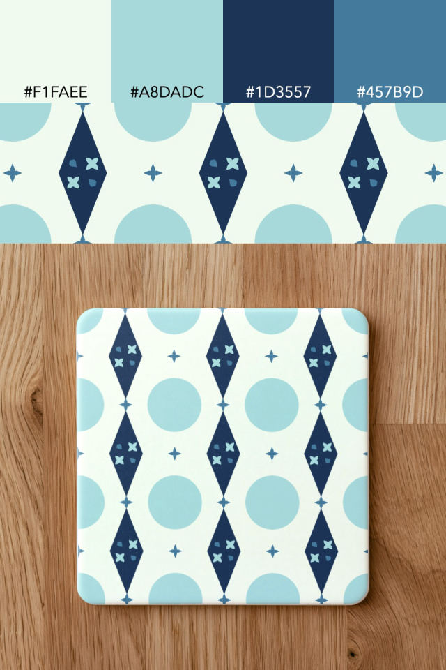 the colors one mediterranean tile is drawn in, with their hex codes, and the tile printed on a coaster