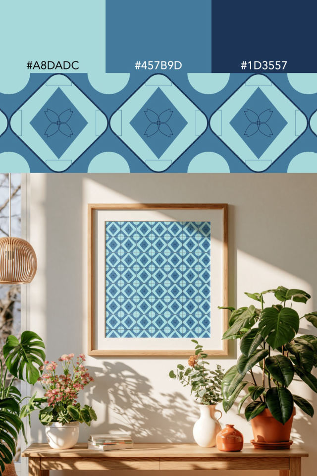 the colors one mediterranean tile is drawn in, with their hex codes, and the tile printed on a frame