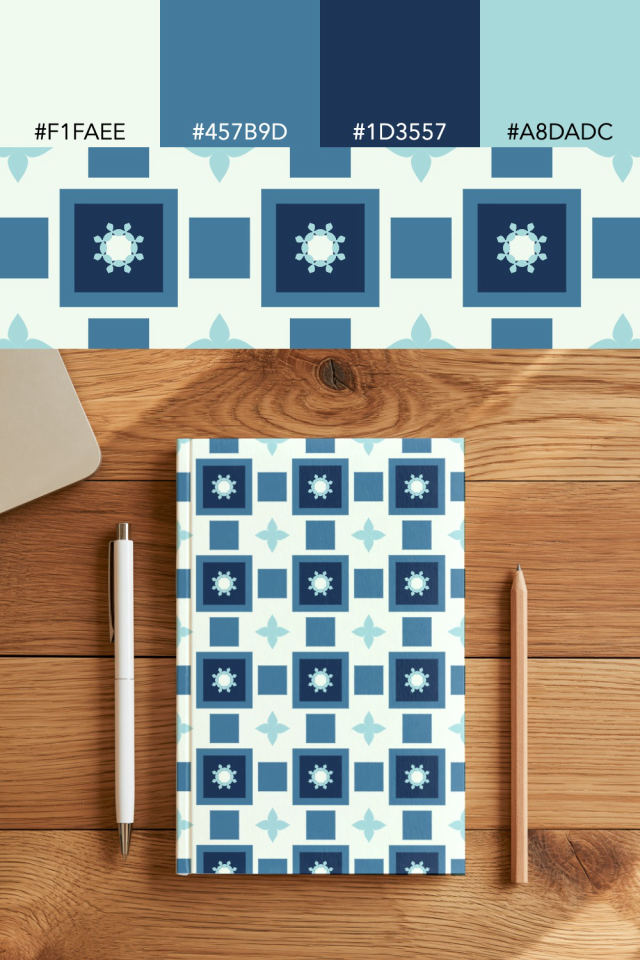 the colors one mediterranean tile is drawn in, with their hex codes, and the tile printed on a notebook