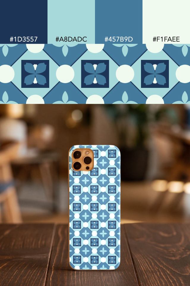 the colors one mediterranean tile is drawn in, with their hex codes, and the tile printed on a phone case