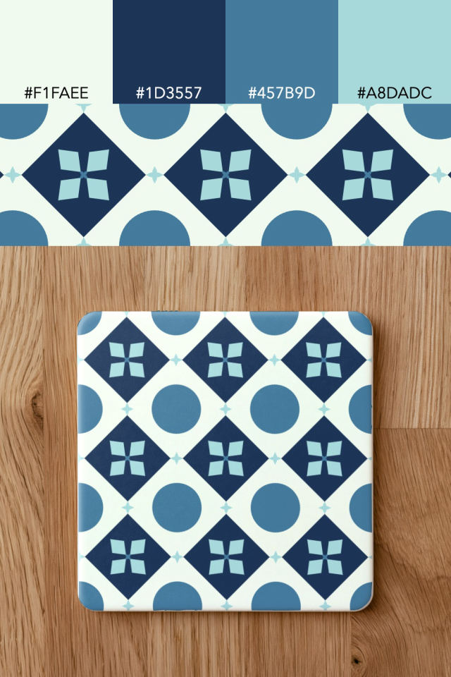 the colors one mediterranean tile is drawn in, with their hex codes, and the tile printed on a coaster