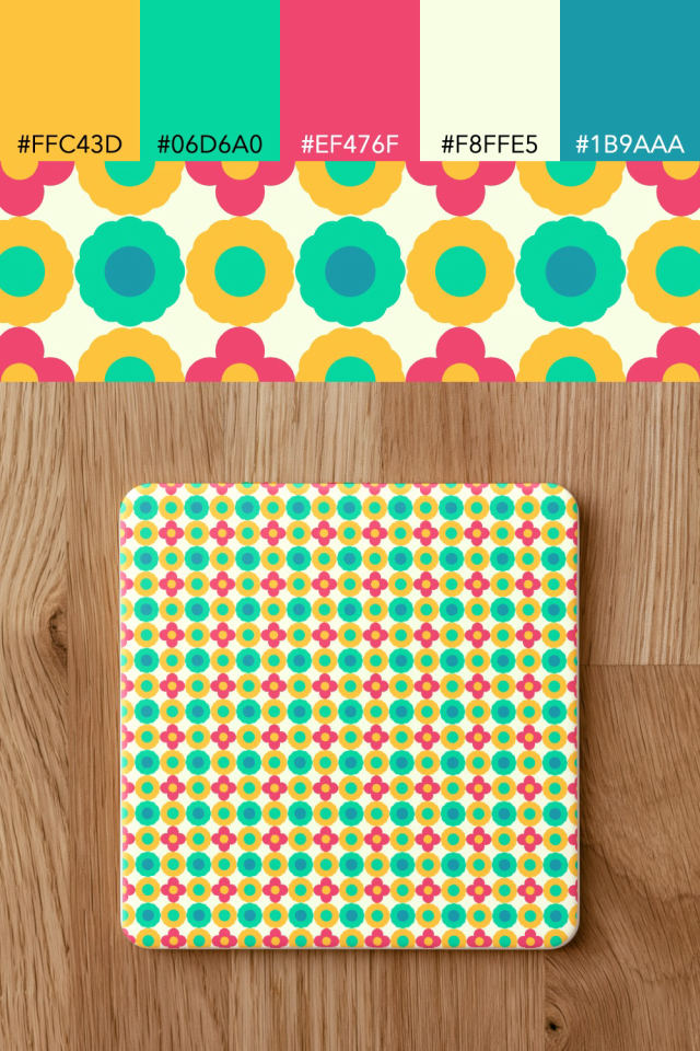 the colors one bright-contrast tile is drawn in, with their hex codes, and the tile printed on a coaster