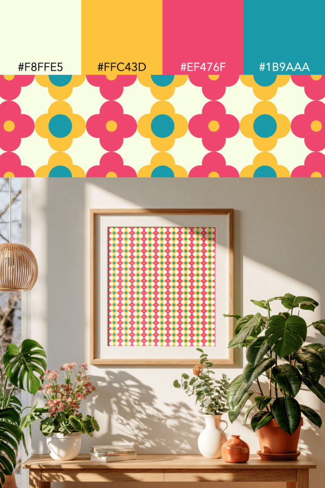 the colors one bright-contrast tile is drawn in, with their hex codes, and the tile printed on a frame