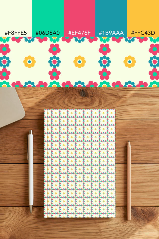 the colors one bright-contrast tile is drawn in, with their hex codes, and the tile printed on a notebook