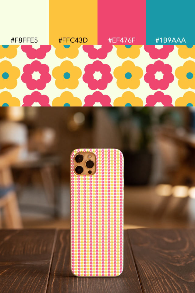 the colors one bright-contrast tile is drawn in, with their hex codes, and the tile printed on a phone case
