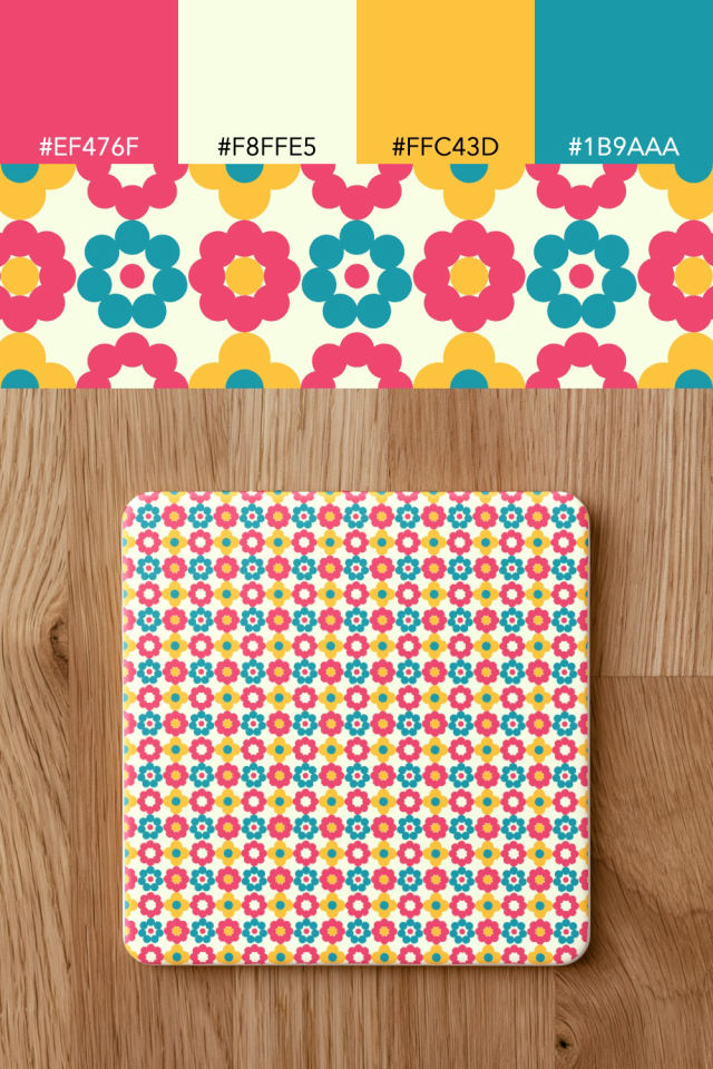 the colors one bright-contrast tile is drawn in, with their hex codes, and the tile printed on a coaster
