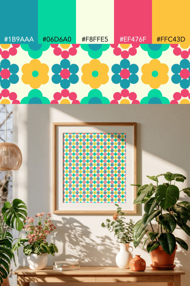 the colors one bright-contrast tile is drawn in, with their hex codes, and the tile printed on a frame