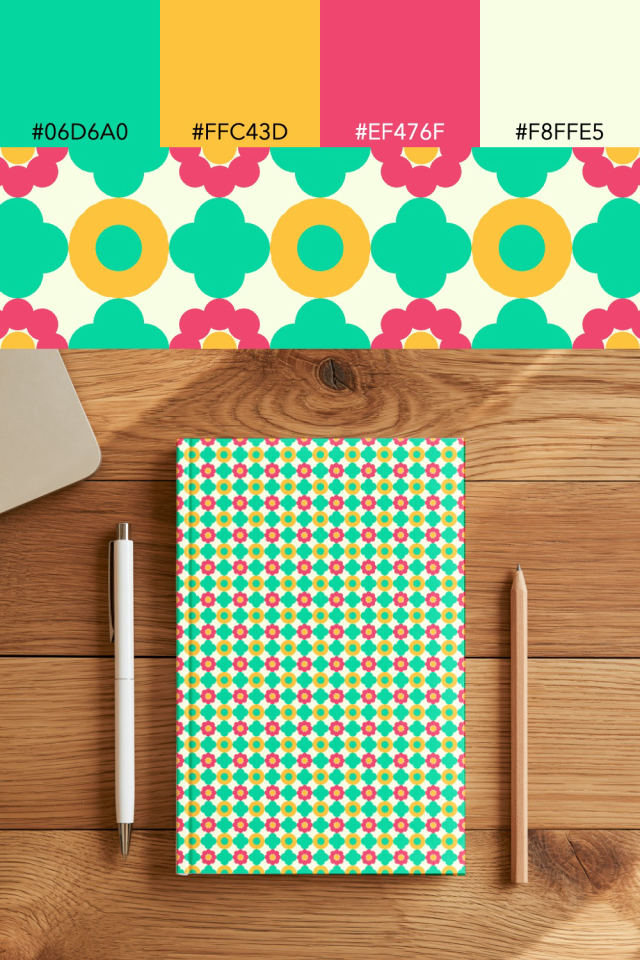 the colors one bright-contrast tile is drawn in, with their hex codes, and the tile printed on a notebook