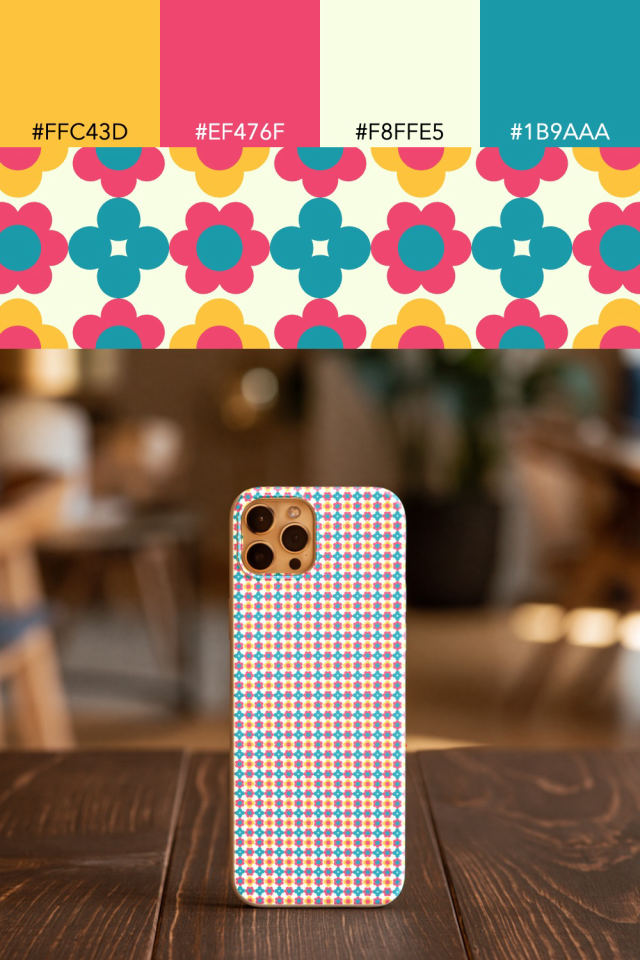 the colors one bright-contrast tile is drawn in, with their hex codes, and the tile printed on a phone case